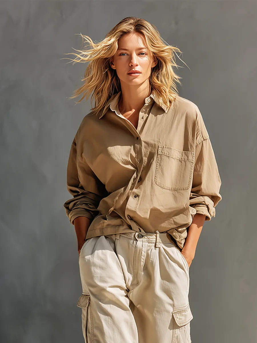 Women's Khaki & Cream Cotton Two-Piece Set With Oversized Chest Pocket Shirt & Multi-Pocket Cargo Jogger Pants, Streetwear Neutral Casual Matching Outfit MDZ0750G3LYL