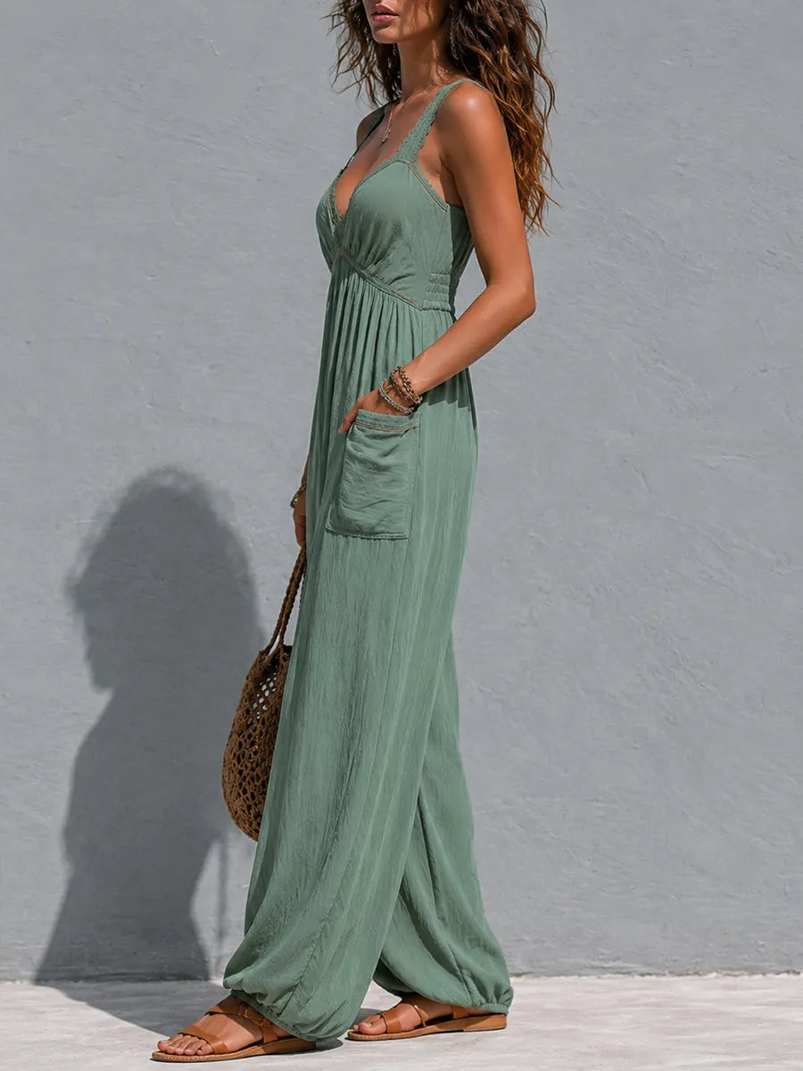 Boho Lace-Trimmed Wide-Leg Jumpsuit With Patch Pockets