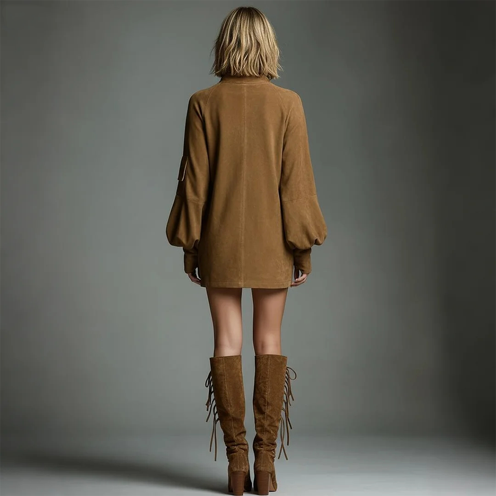 Women's Vintage Brown Suede High-Neck Mini Dress