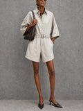 Women's Minimalist Workwear Light Gray Cotton Blend Lapel Belt Waist Loose Short Jumpsuit MDZ0917G3GMJ