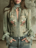 Vintage Boho Mint Chiffon Floral  Lace Cuffs Blouse