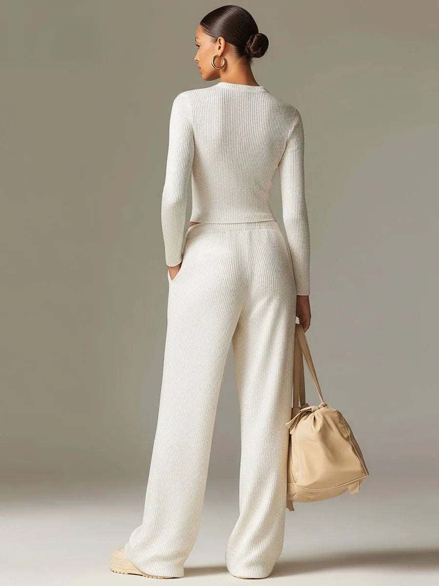 Fashionable Sporty White Knit Ribbed Crew Neck Top And Wide-leg Pants Set