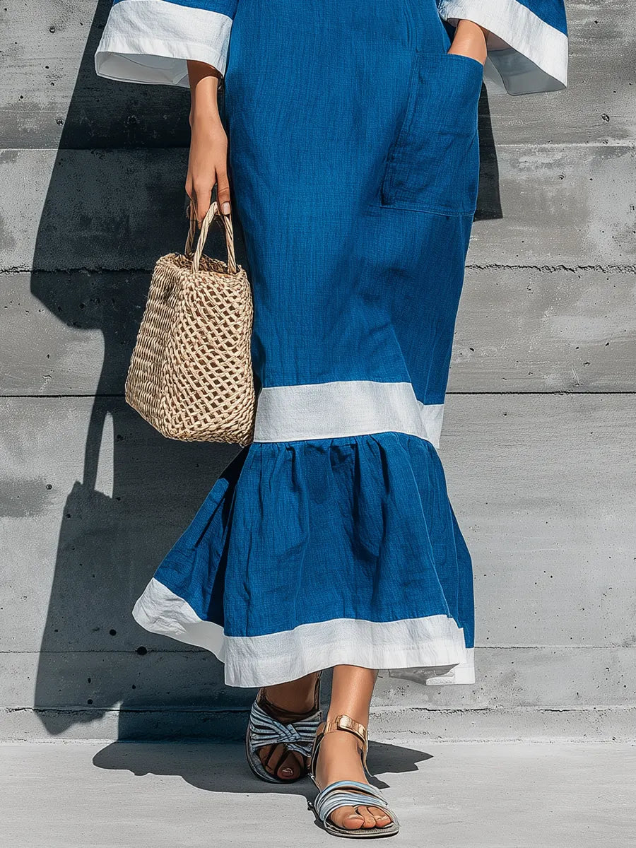 Women’s Blue Cotton-linen blend Boat Neck Three Quarter Flare Cuff White Contrast Trim Tiered Ruffle Hem Midi Dress With Side Pockets MDZ1315G7YZJ