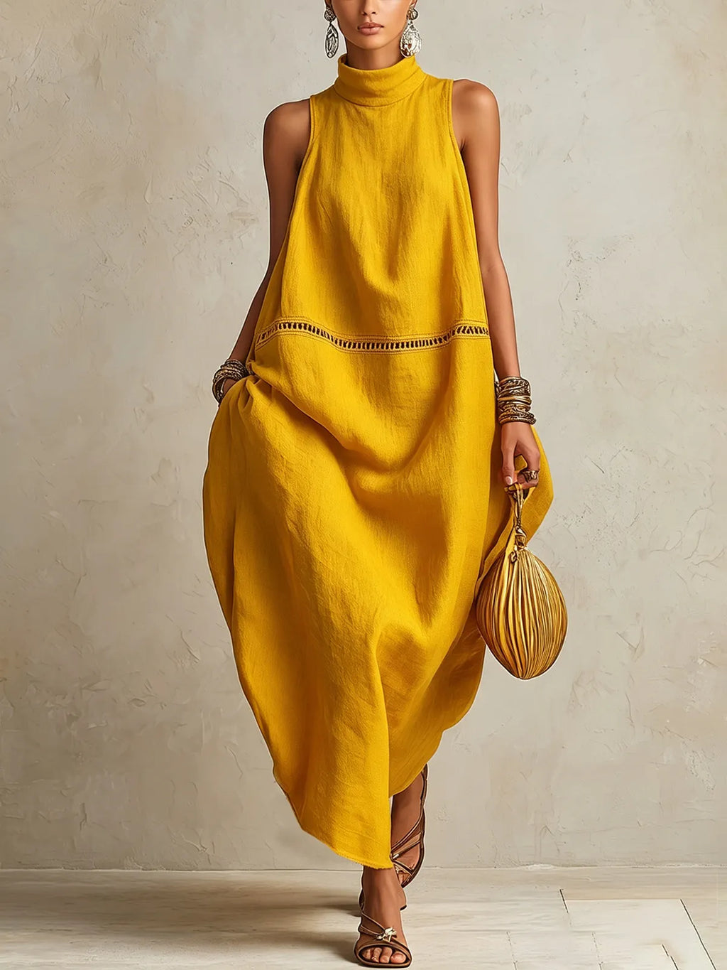 Yellow Sleeveless Maxi Dress With High Neck And Cutout Trim