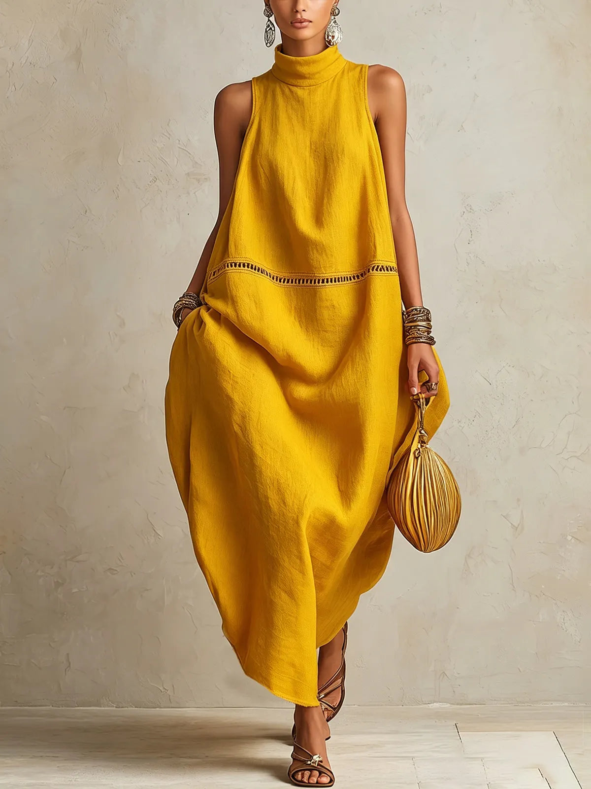 Yellow Sleeveless Maxi Dress With High Neck And Cutout Trim