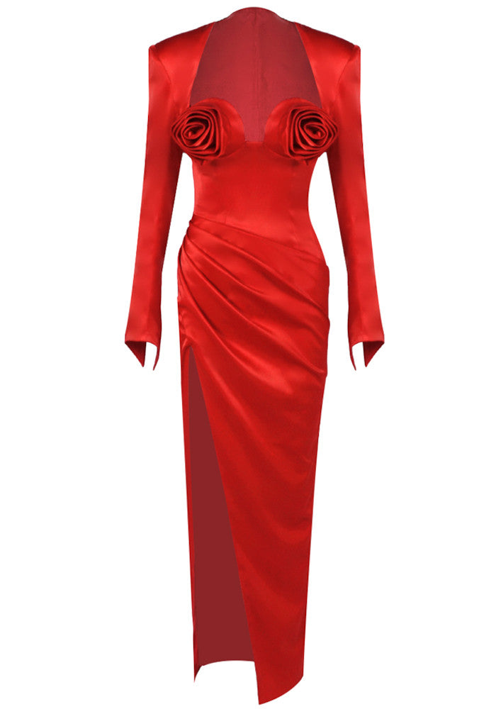 Long Sleeve Floral Maxi Two Piece Dress Red