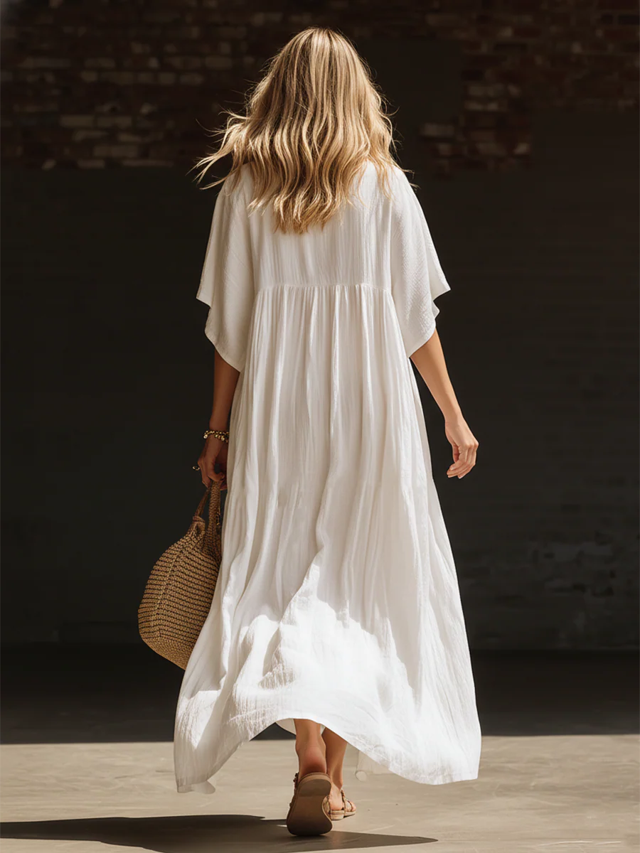 Cozy Vacation V-neck Loose Linen Cotton Maxi Dress