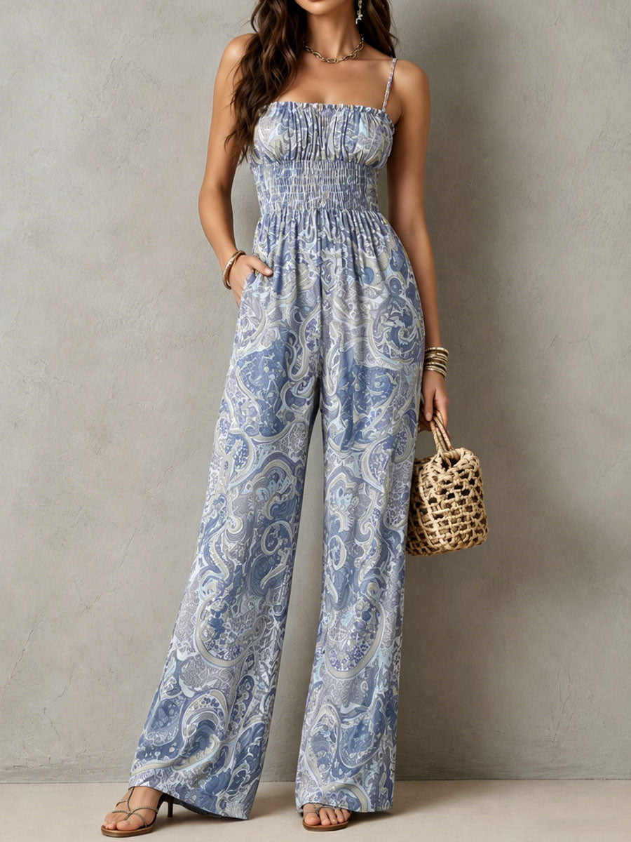 Boho Dusty Blue Paisley Print Smocked Bodice Jumpsuit With Wide-Leg