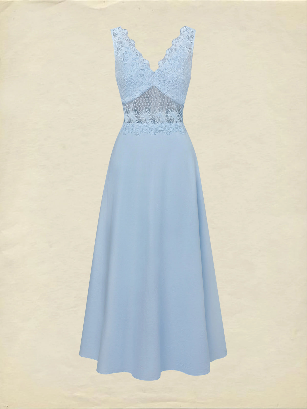 Maxi Cotton Dress, Sleeveless, V Neck, Plain, Lace, French Vintage, Blue