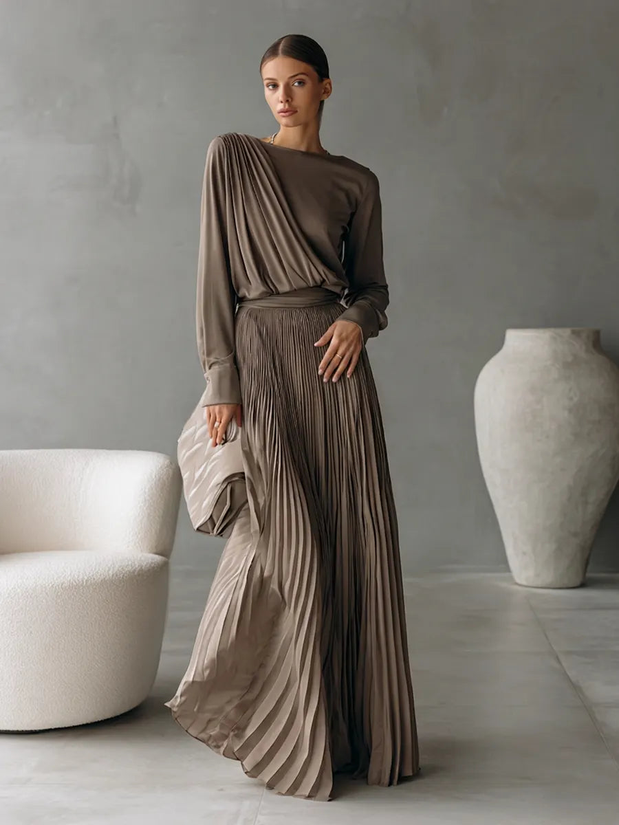 Women's Taupe Two-Piece Set With Draped Wrap Long Sleeve Top & High Waist Pleated Maxi Skirt, Minimalist Elegant Formal Matching Outfit MDZ1356G3LYL