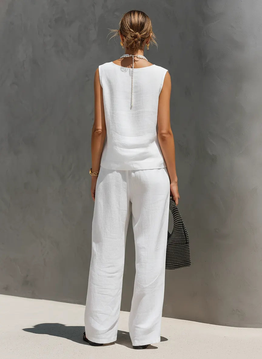 Women's Casual White Cotton-Linen V-Neck Sleeveless Top And Trousers Set (Lined) MDZ2866C9AN