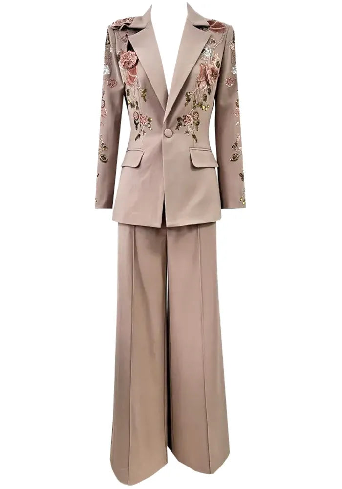 Long Sleeve Sequin Floral Suit Brown