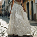 Women's Retro Floral With Peacock Art Linen Blend Casual Maxi Skirt