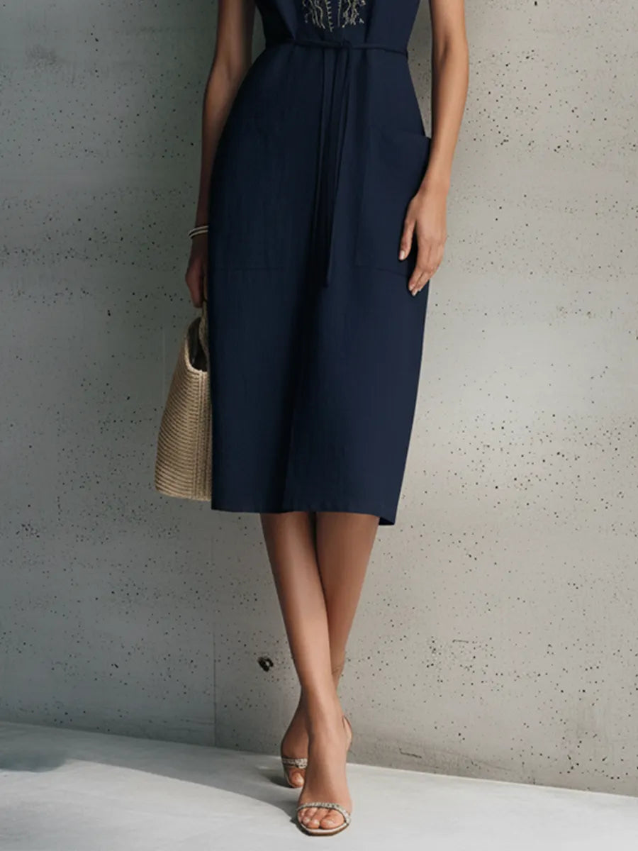 Women's Navy Blue Cotton Linen Golden Embroidered V-Neck Short Sleeve Drawstring Midi Dress MDZ0540C1BA