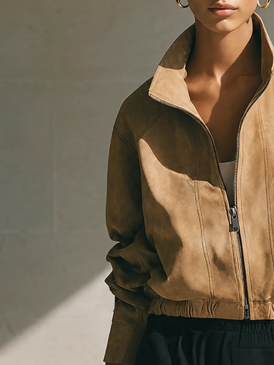 Women's Fashion Cropped Suede Stand‑Collar Zipper Jacket MDZ1579G7ZRK