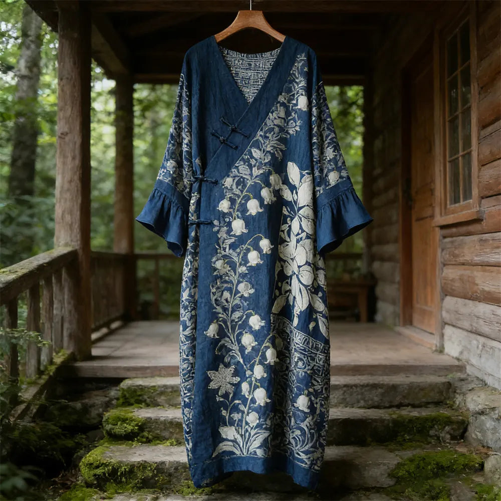 Vintage Japanese Floral Women's V-neck Linen Maxi Dress