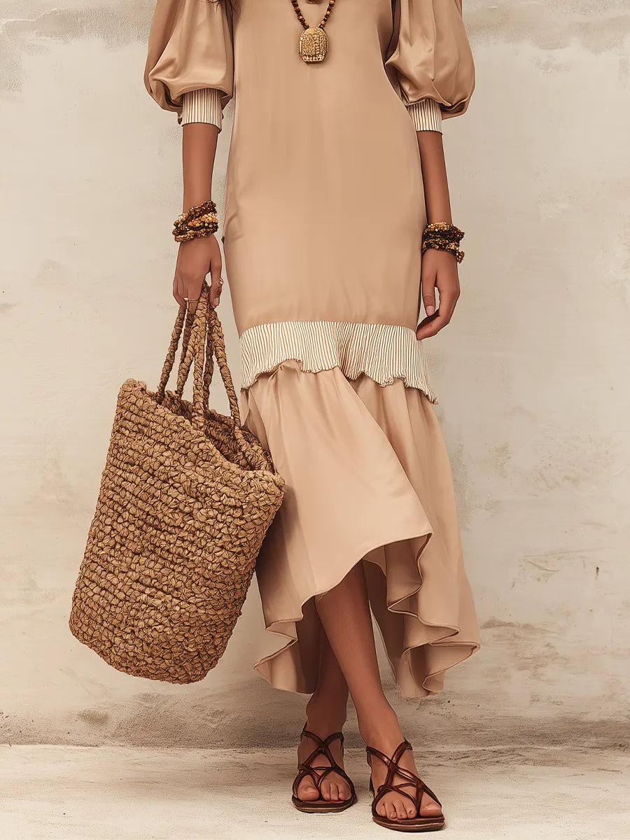 Flowy Nude Ruffled Dress With Puff Sleeves ¡ª An Elegant With Effortless Feminine Style  Maxi Dress