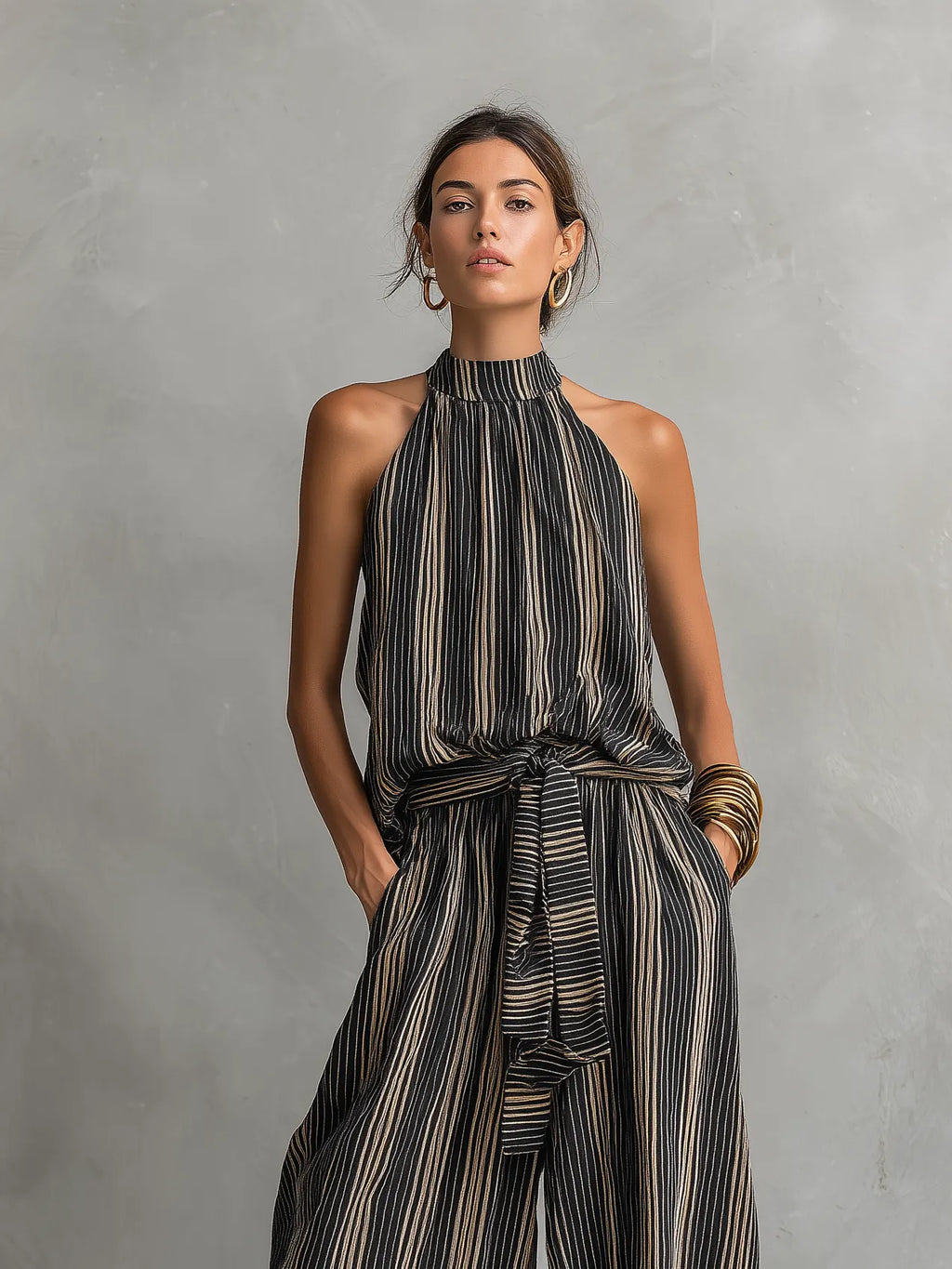 Women's Elegant Striped Printed Woven Round Neck Sleeveless Top Paired With Trousers Set MDZ2706B5AN
