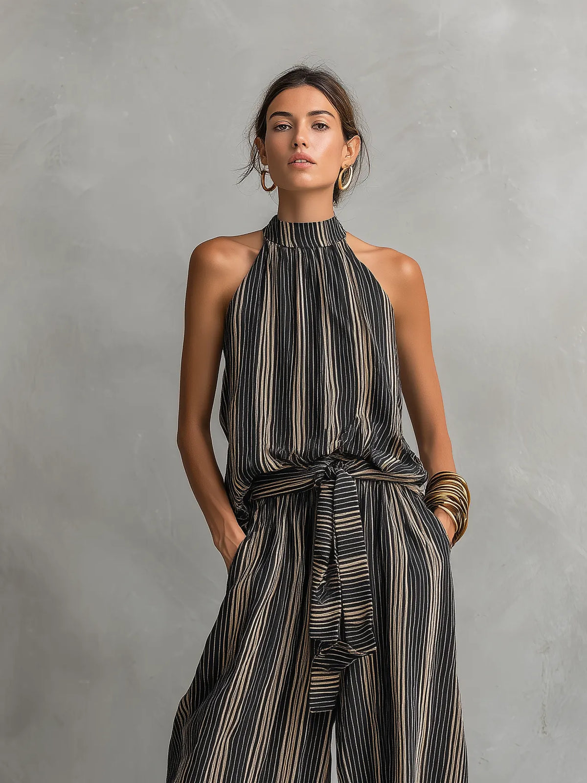 Women's Elegant Striped Printed Woven Round Neck Sleeveless Top Paired With Trousers Set MDZ2706B5AN