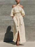 Women’s Cream Linen Twist Halter Off Shoulder Puff Elbow Sleeve Self Belt Waist Front Split Maxi Dress MDZ0278G5T
