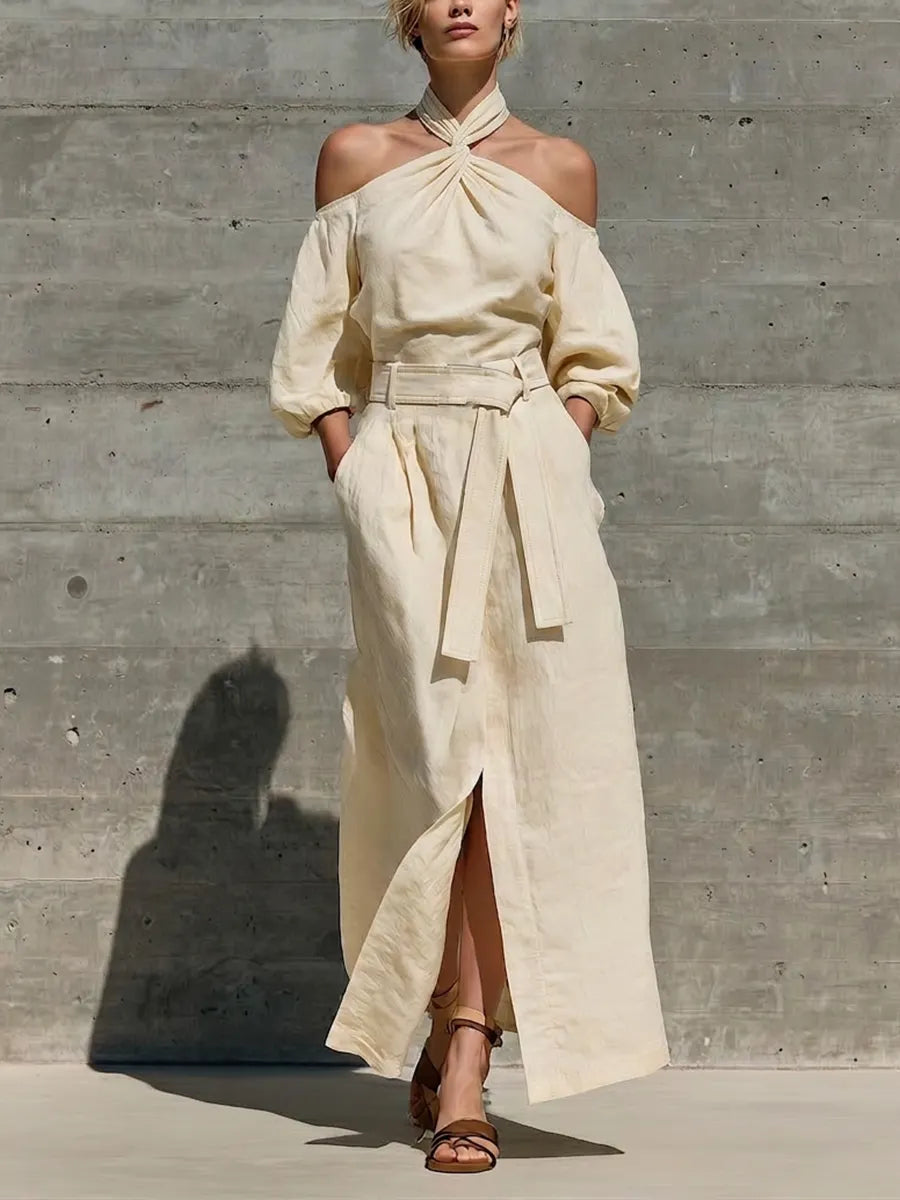 Women’s Cream Linen Twist Halter Off Shoulder Puff Elbow Sleeve Self Belt Waist Front Split Maxi Dress MDZ0278G5T