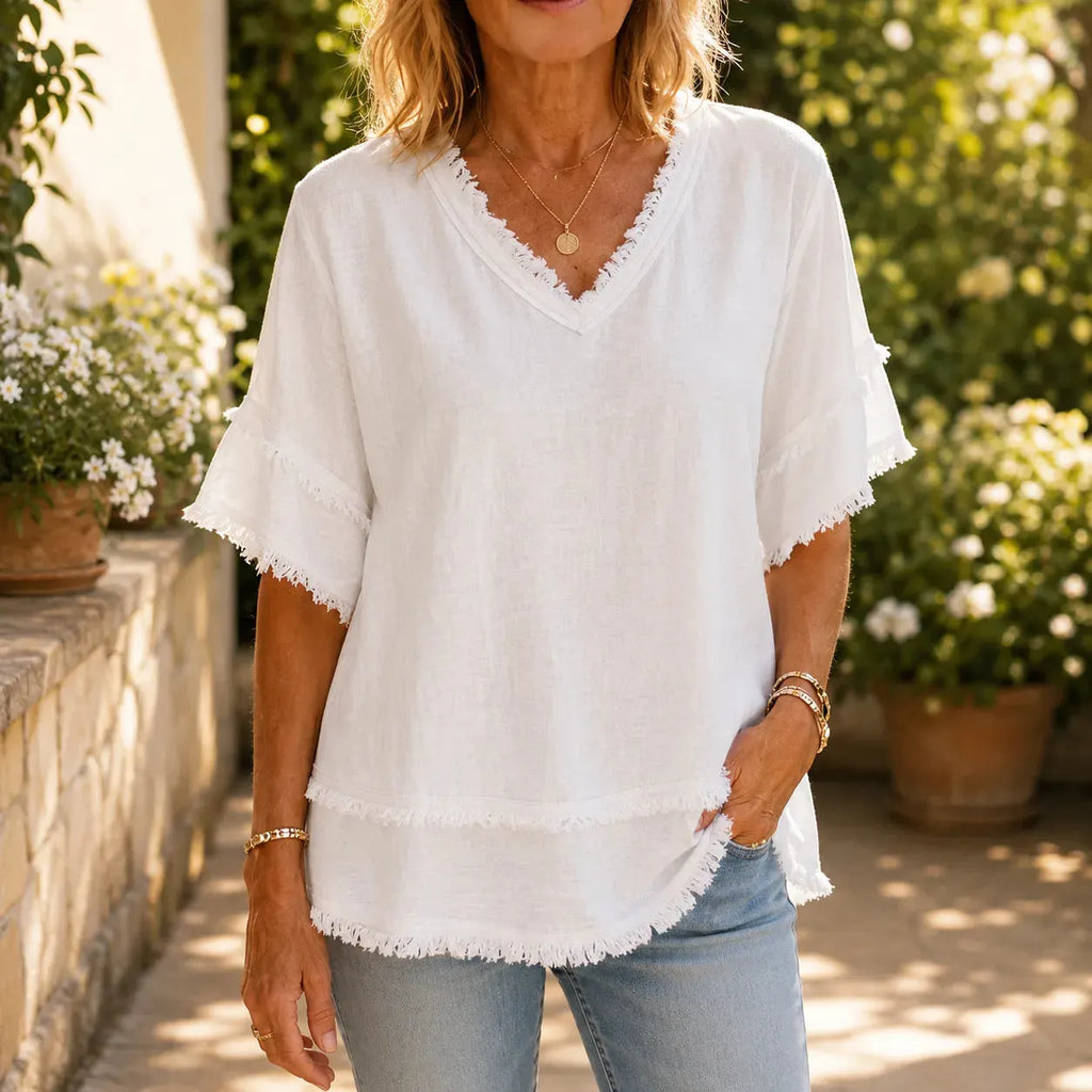Solendra – Loose V-Neck Fringe Top for Women, Frayed Edge Summer Blouse