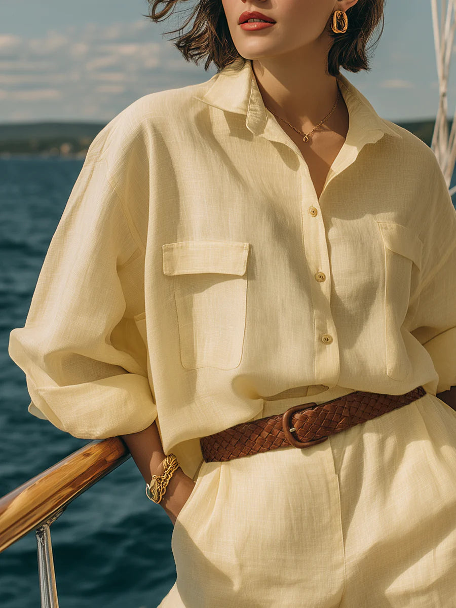 Vacation-style yellow long-sleeved shirt and shorts set(Included belt)