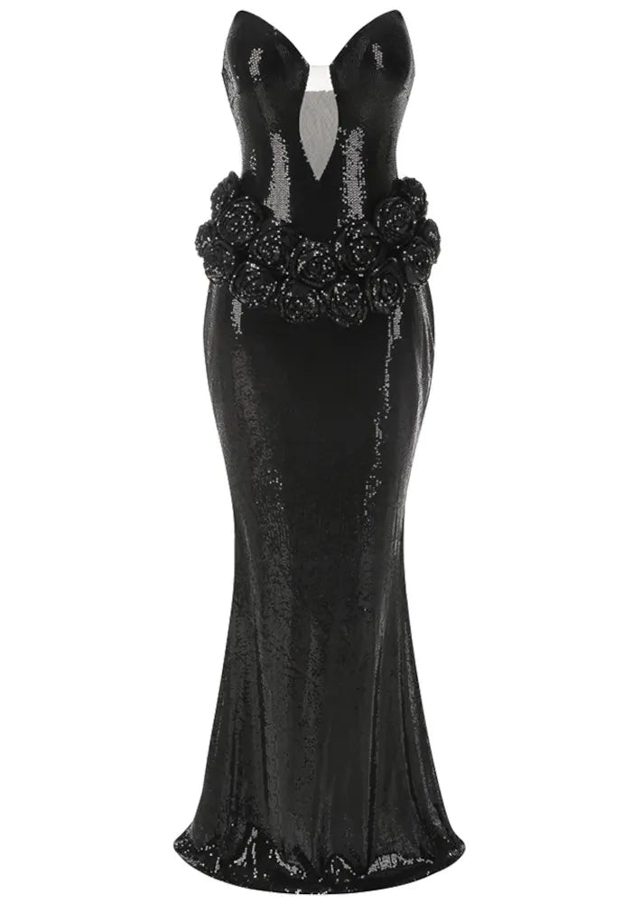Strapless Floral Sequin Maxi Dress Black