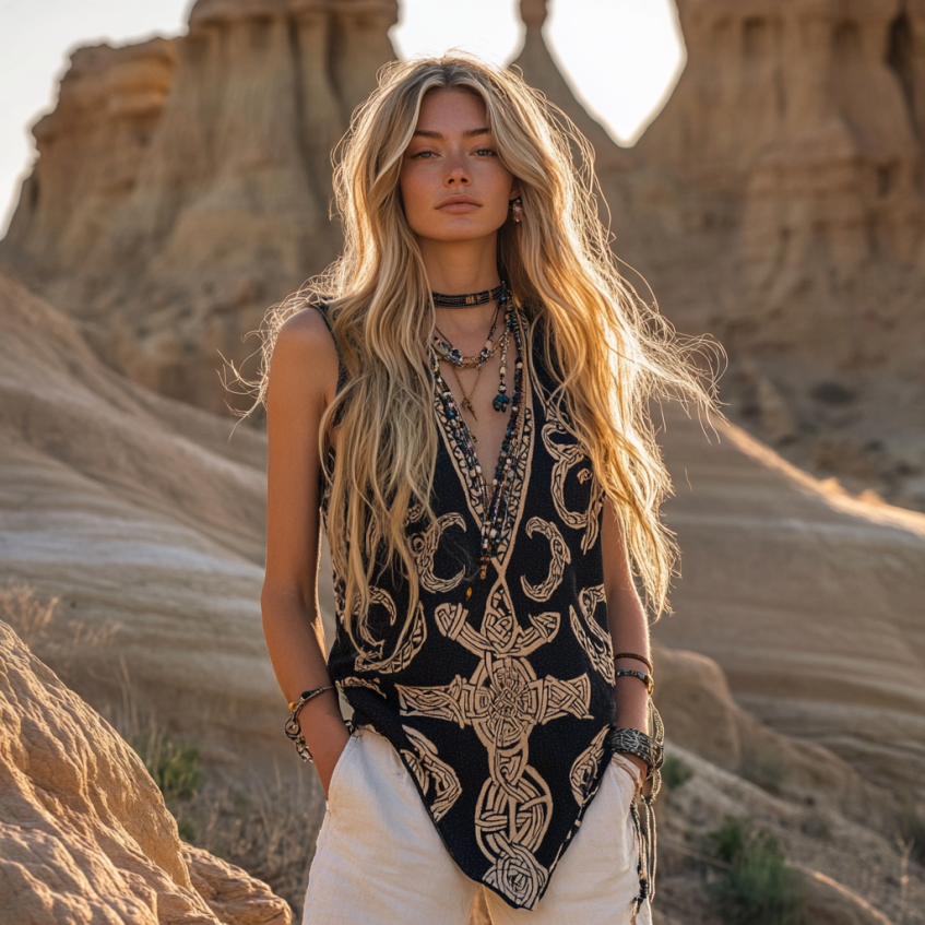 Women's Viking Tribal With Celtic Knot Pattern Art Linen  Sleeveless Top
