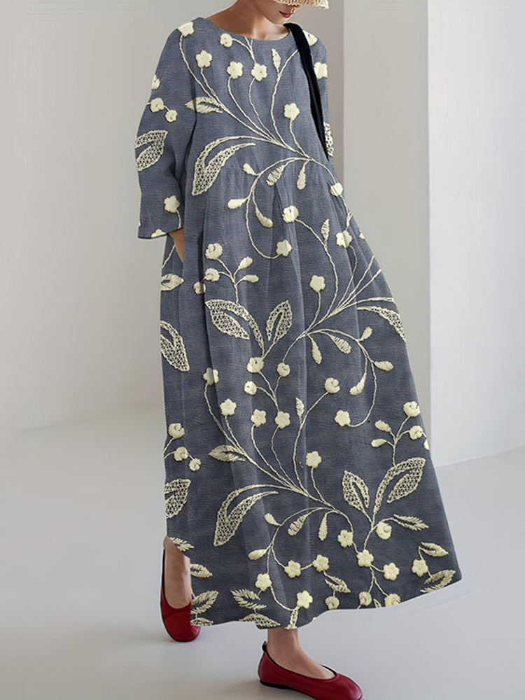 Floral Embroidery Print Long Sleeve Casual Midi Dress