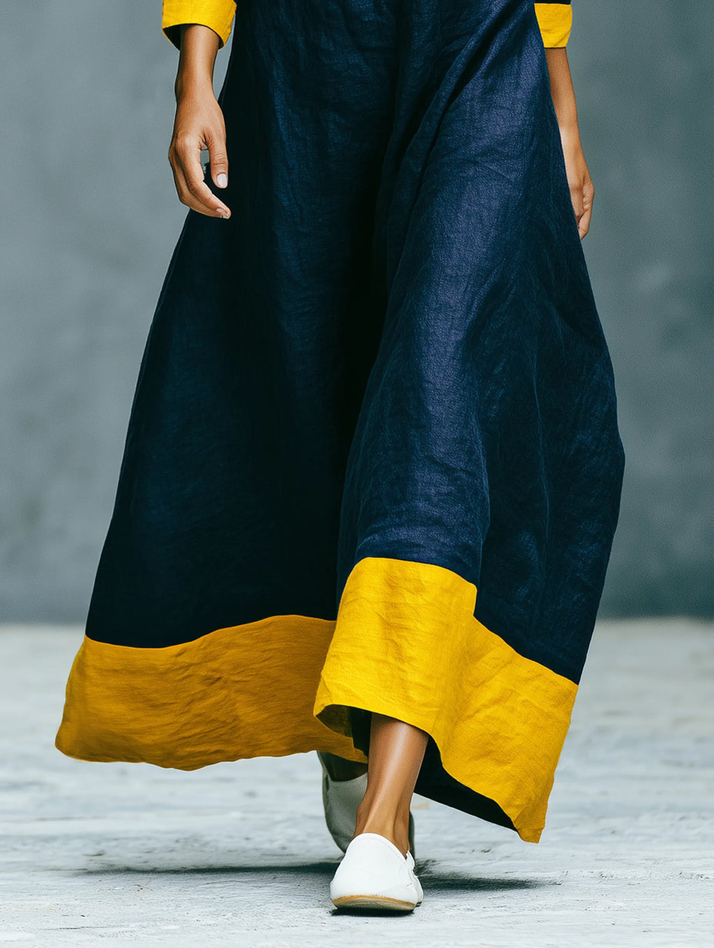 Women's Minimalist Color-Block Linen-Blend Maxi Dress With Crew Neck And Three-Quarter Sleeves MDZ0992G2WY