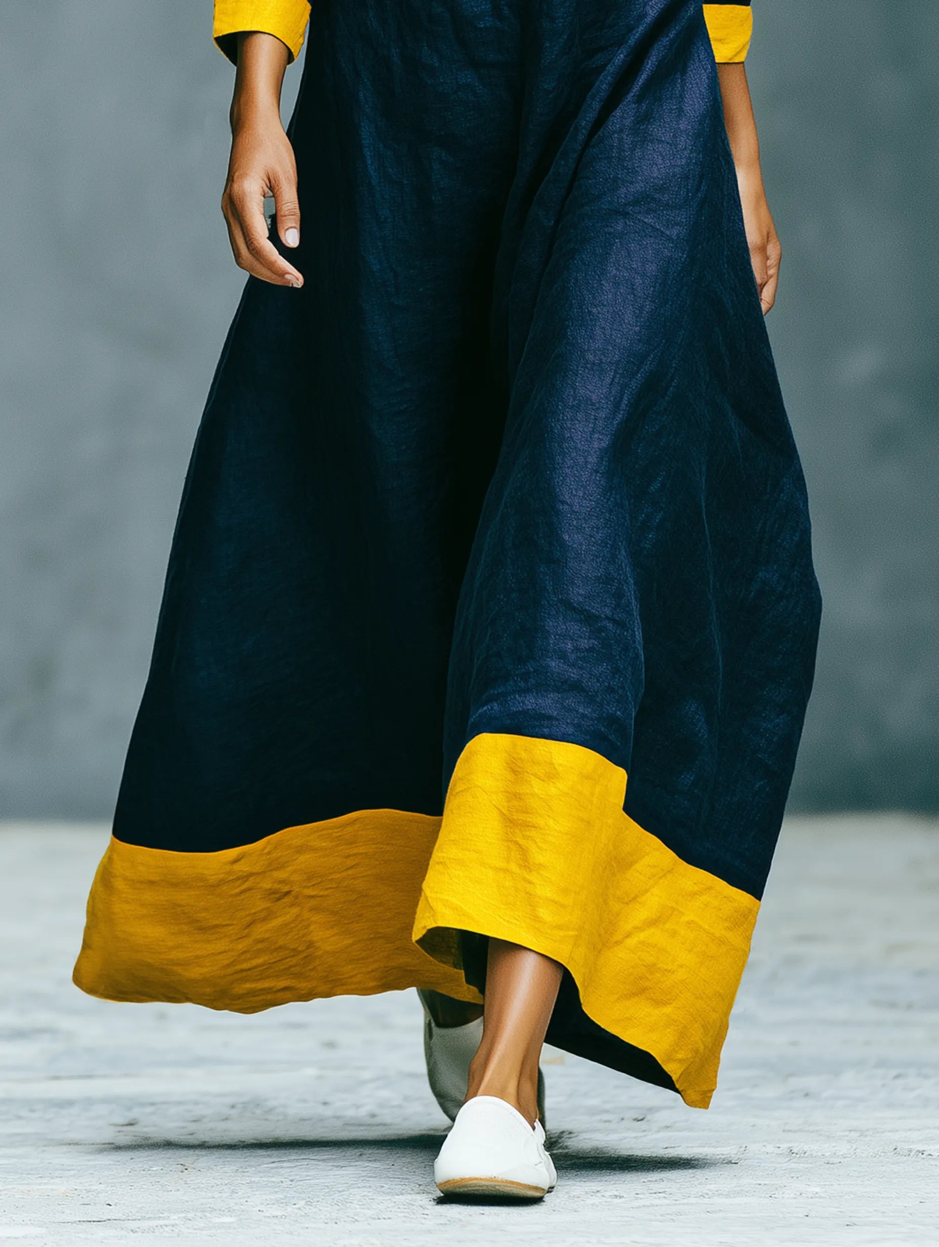 Women's Minimalist Color-Block Linen-Blend Maxi Dress With Crew Neck And Three-Quarter Sleeves MDZ0992G2WY