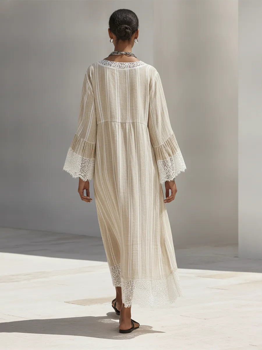 Women's Minimalist Beige Vertical-Stripe Maxi Dress With White Lace Trim And Flared Long Sleeves MDZ1745F9ZRK