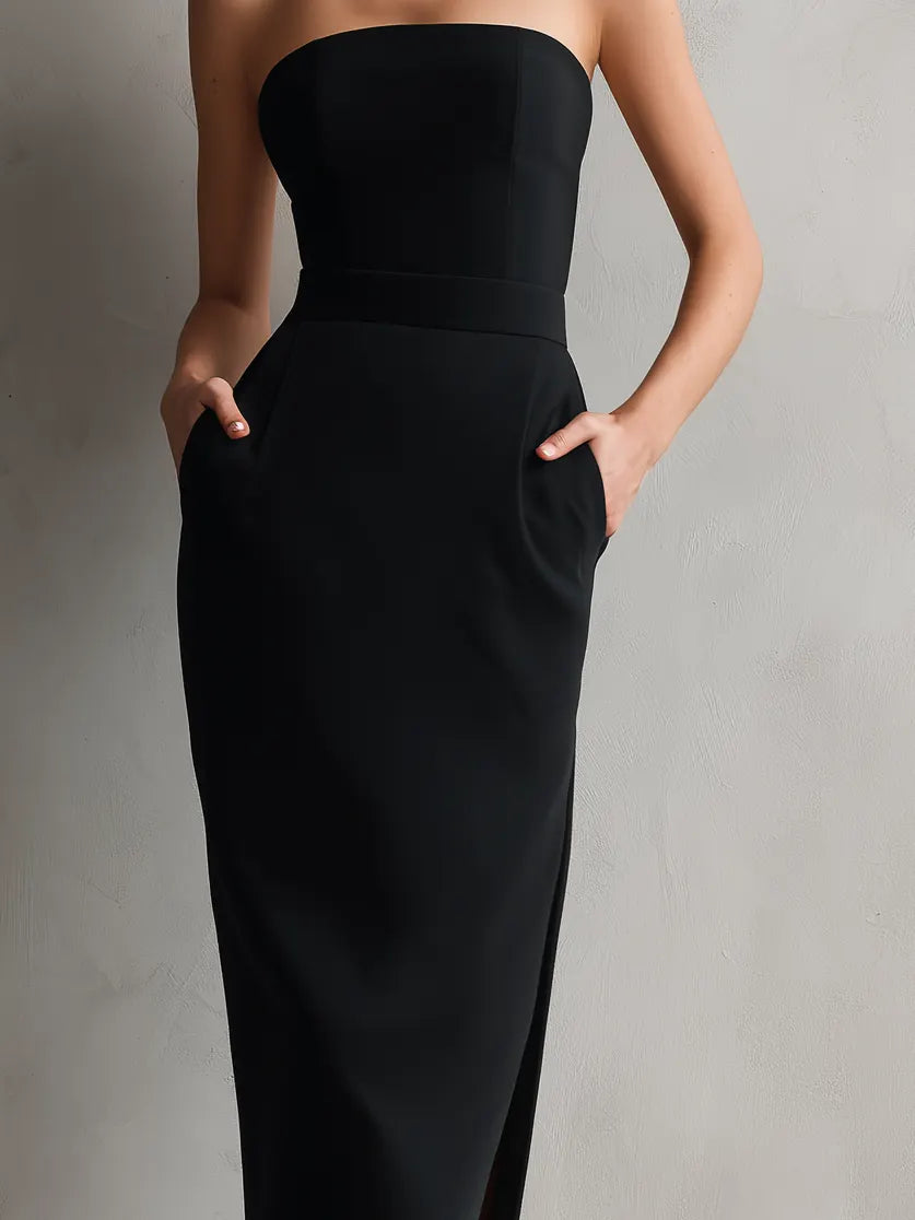 Women's Elegant Black Stretch Strapless Bodycon Midi Dress MDZ0669A6AN
