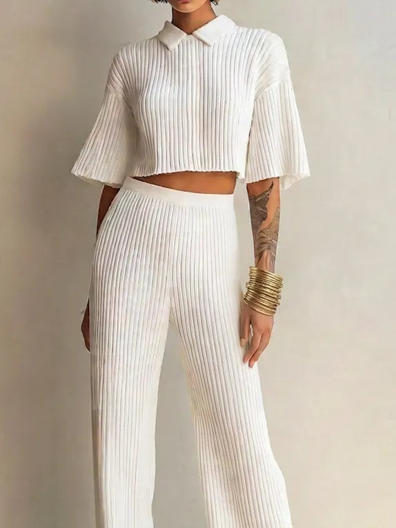 Women's Elegant White Pleated Ribbed Knit Collared Short Flared Sleeve Cropped Top And High-Waist Wide-Leg Pants Two-Piece SetMDZ0999G0ZSQ