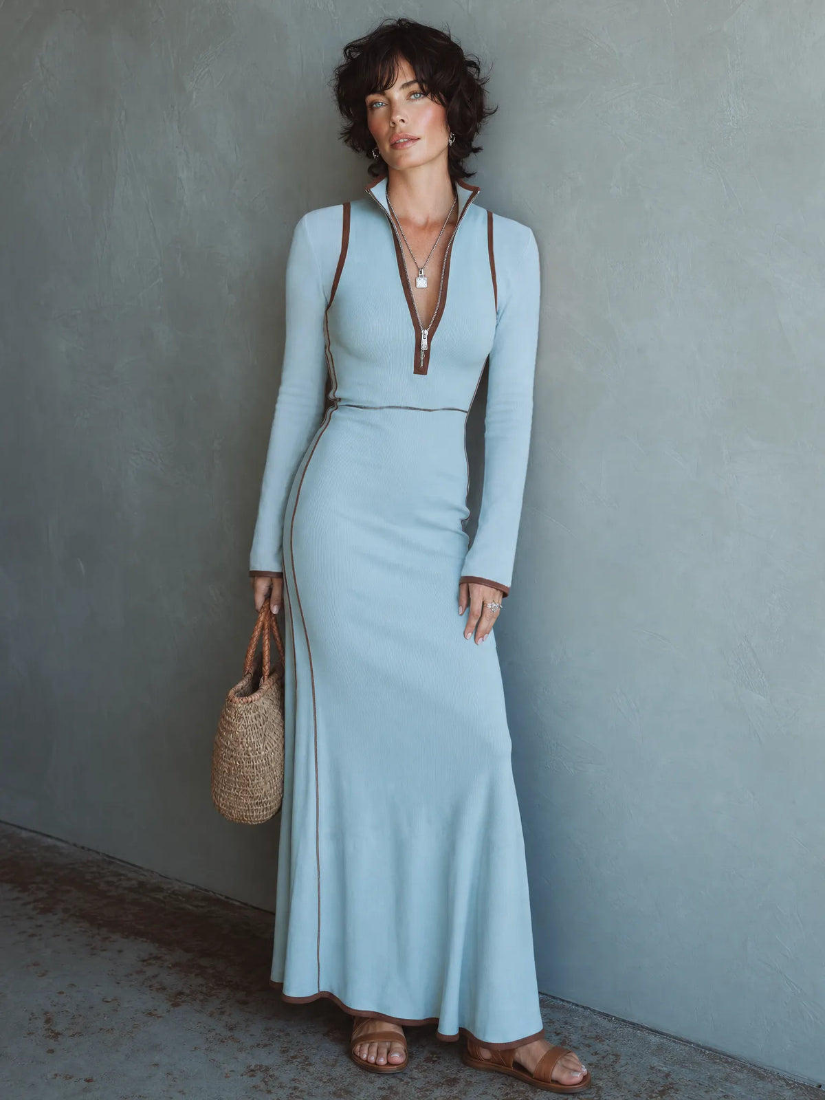 Women's Casual Fitted Color-Block Long-Sleeve Maxi Dress In Stretch Knit MDZ2064G0WY