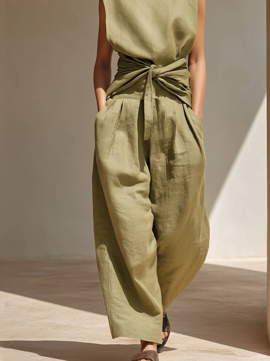Women's Olive Green Linen Jumpsuit With Sleeveless Mock Neck & Front Waist Wrap Tie, Minimalist Resort Wide Leg Linen Jumpsuit MDZ3015F7LYL