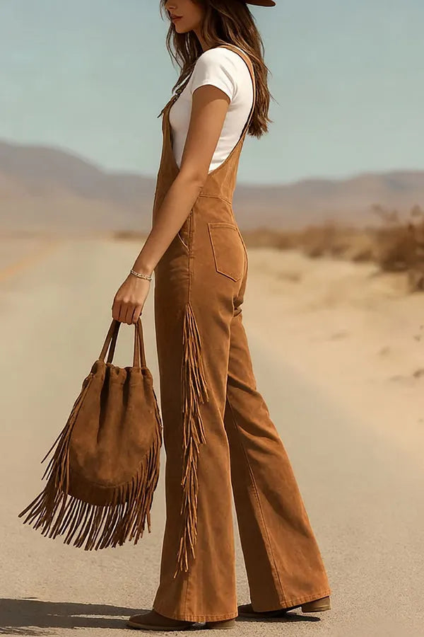 Stylish Suede Tassel Button Pocket Casual Wide-leg Overalls