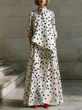 Women's Cream Spot Print Woven Co-Ord With Drop Shoulder Long Sleeve Blouse & Side Pocket Floor-Length Maxi Skirt, Minimalist Daily Casual Two-Piece Set MDZ0748G9LYL