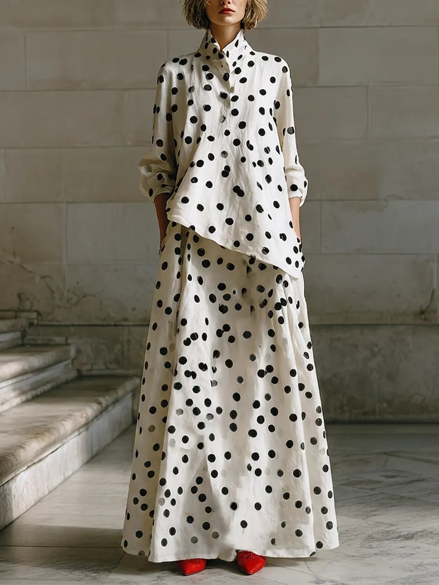 Women's Cream Spot Print Woven Co-Ord With Drop Shoulder Long Sleeve Blouse & Side Pocket Floor-Length Maxi Skirt, Minimalist Daily Casual Two-Piece Set MDZ0748G9LYL