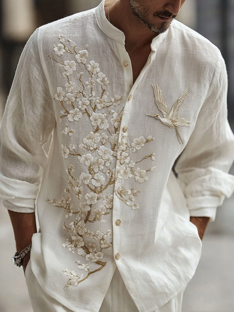 Men's Japanese-style Floral Art Linen Blend Shirt