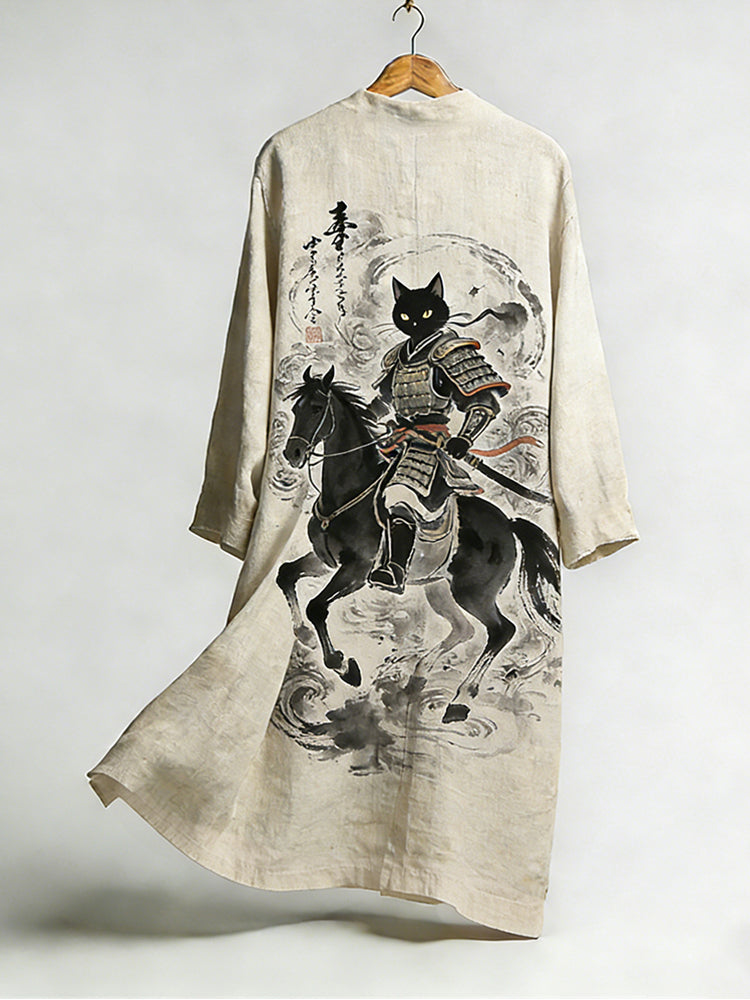 Battle Horse And Black Cat Fun Linen Flowing Kimono