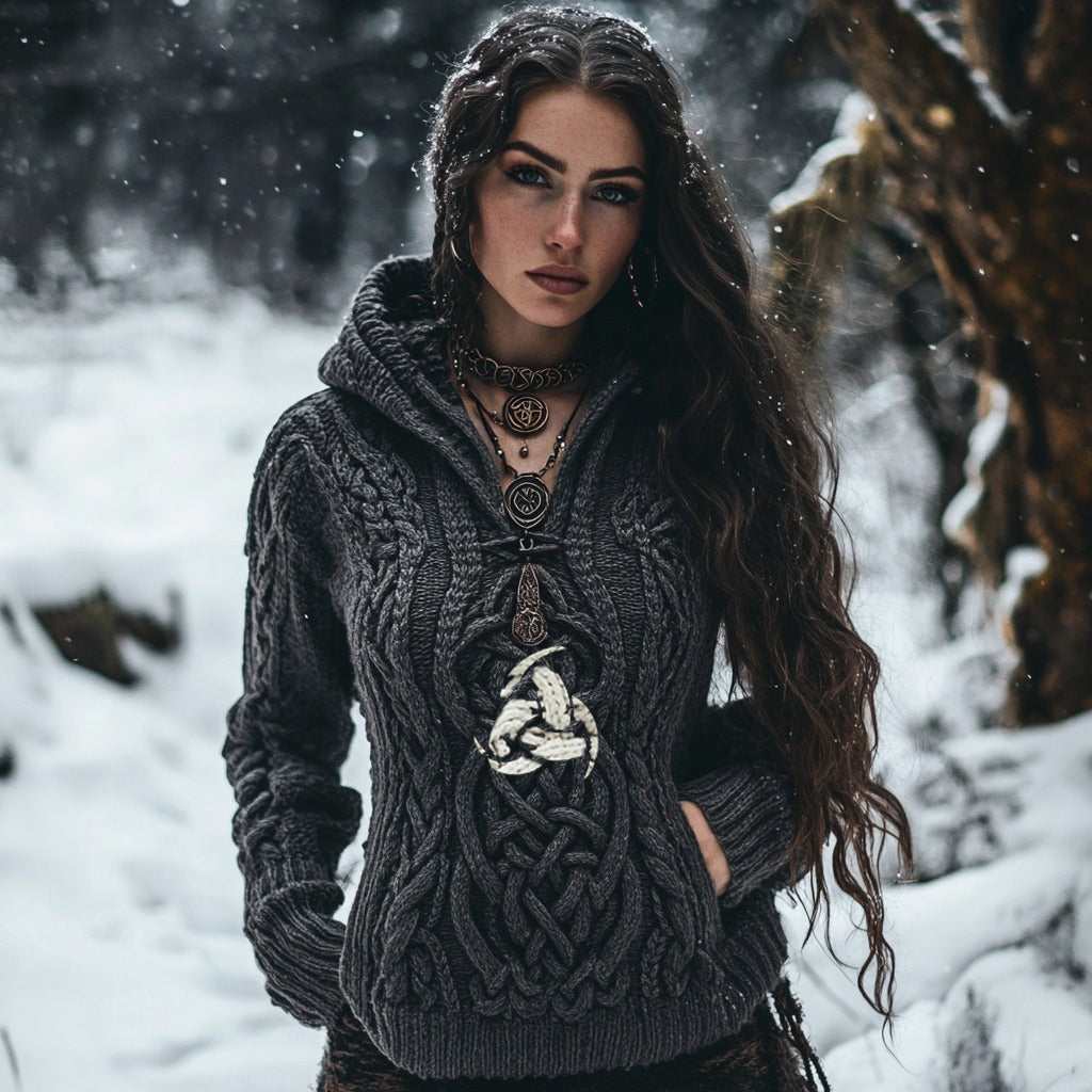 Women's Viking Tribal Witch Inspired Chunky Knit Hooded Sweater