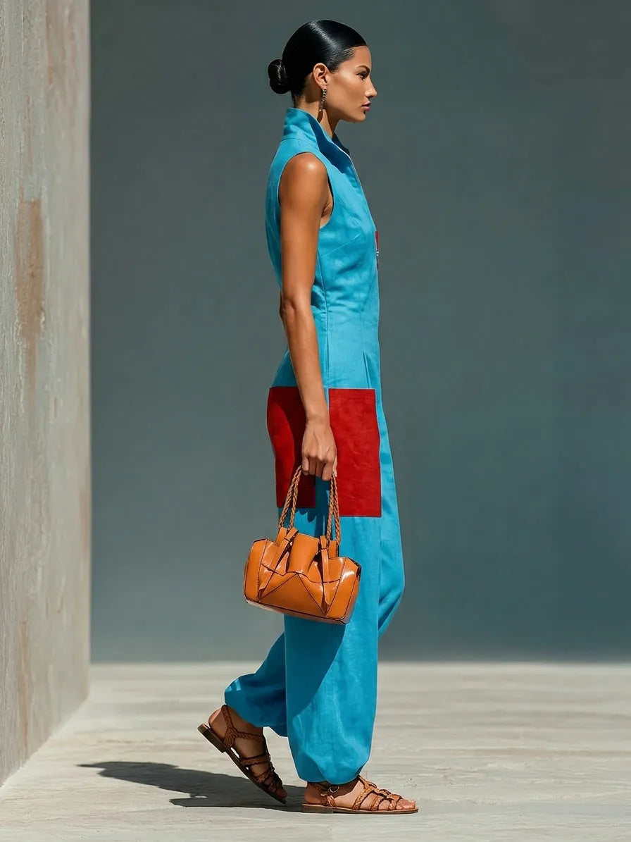 Women’s Blue Linen-Blend Sleeveless Jumpsuit With Red Patch Pockets & Half-Zip Stand Collar MDZ0982E4T