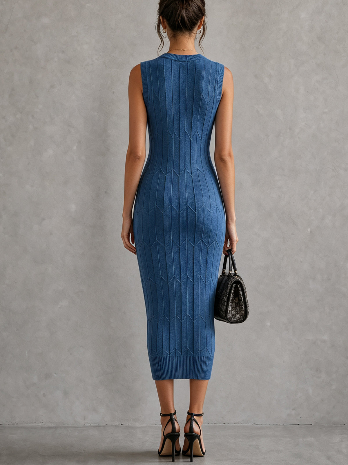 Blue V-Neck Sleeveless Knit Midi Dress