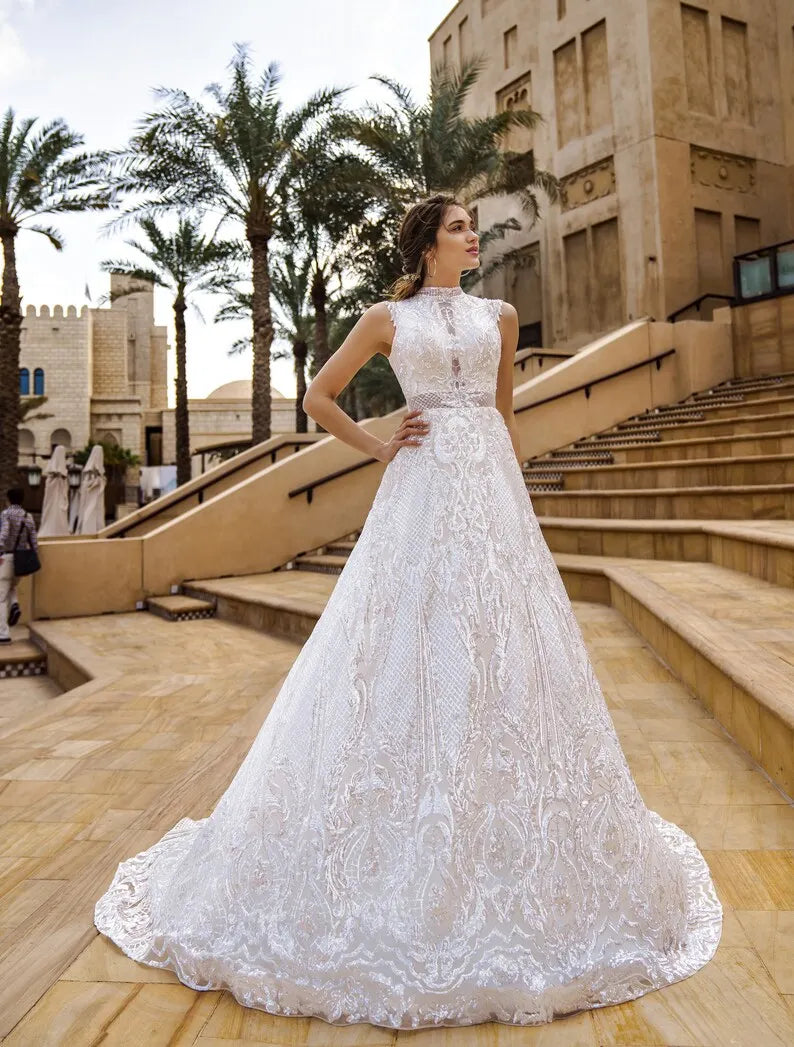 Wedding Dress, White Bridal Dress, Deep V Neck Tulle Wedding Gown, Boho Beach Wedding Dress, Illusion Lace Ruffle Sleeves Formal Gown