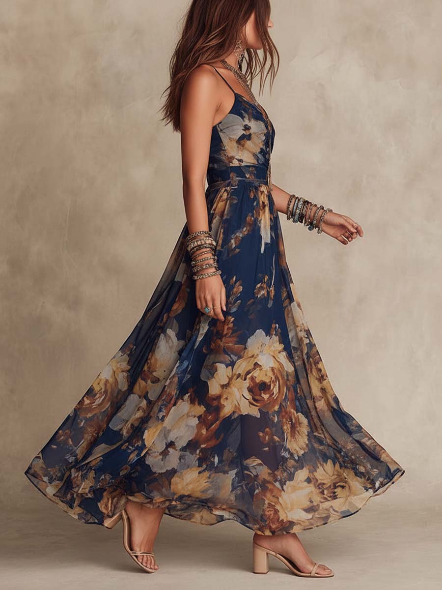 Retro Fine-Strap Chiffon Midi Dress With Oil-Painting Style Floral Print