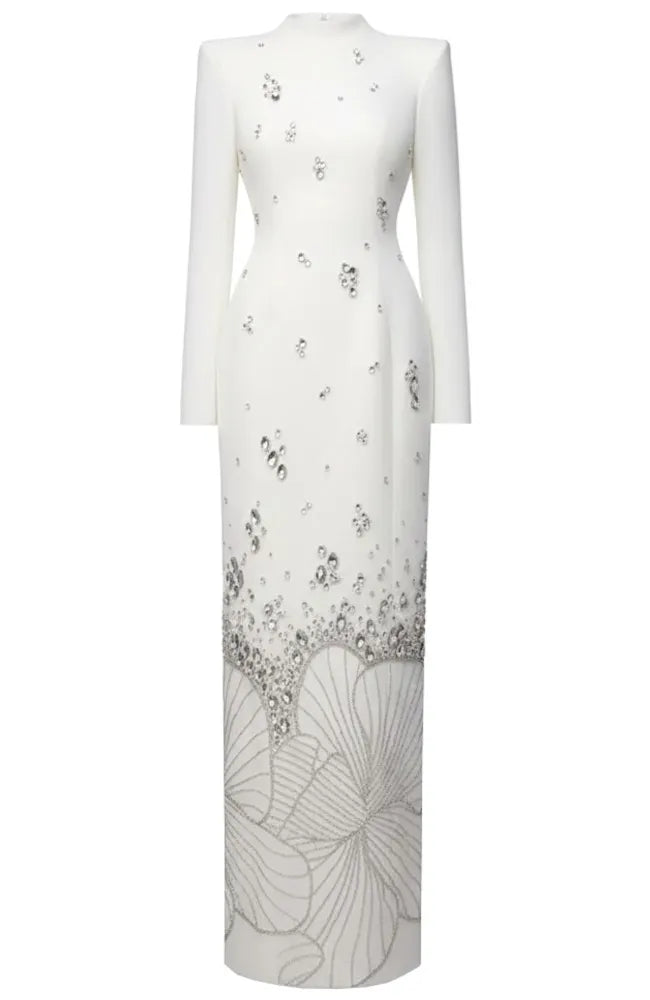 Long Sleeve Crystal Flower Maxi Dress White