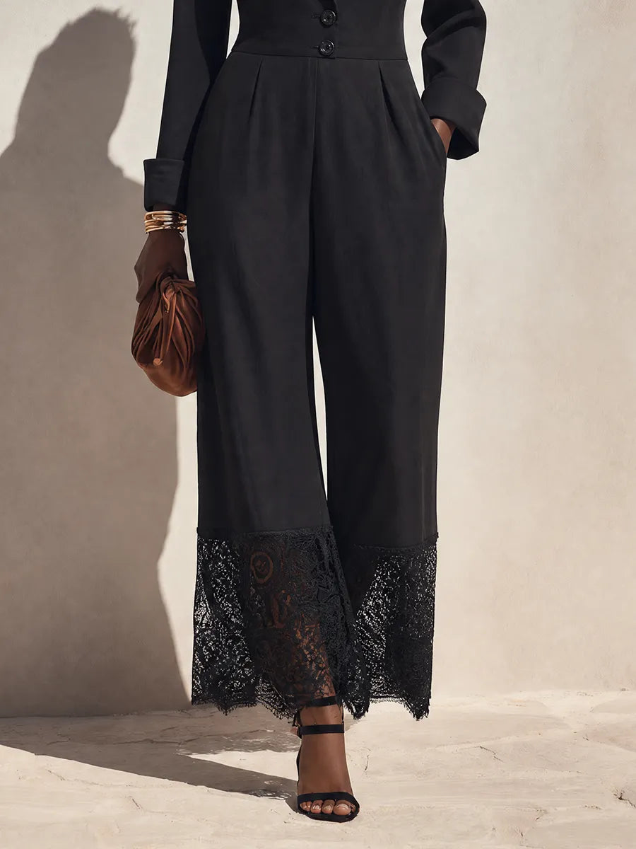 Women's Minimalist Long-Sleeve Wide-Leg Jumpsuit With Notch Lapel And Lace-Trimmed Hems MDZ0665G7ZRK