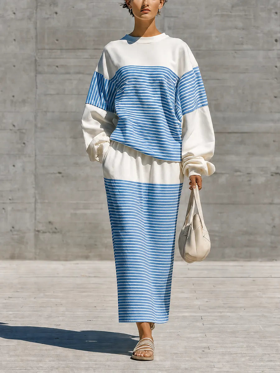 Women's White Blue Horizontal Stripe Color Block Crew Neck Long Sleeve Oversized Top Elastic Waist Midi Skirt Two Piece Set MDZ2790G6YZJ